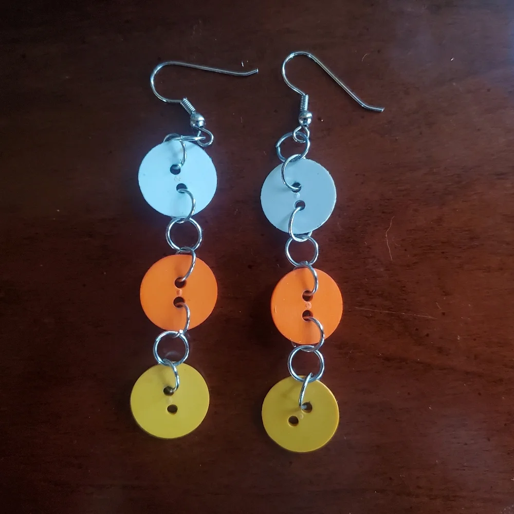 white yellow orange candycorn halloween handmade button dangle earrings